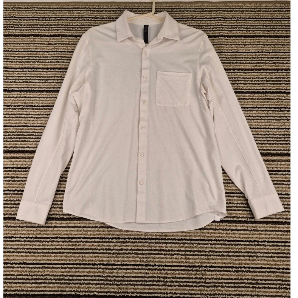 Lululemon Mens White Beige Pique Knit Long Sleeve Button Down Shirt Size M‎